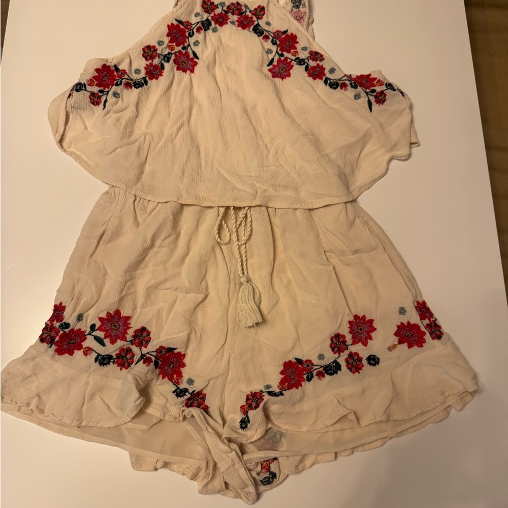 American Eagle Floral Embroidered Halter Romper